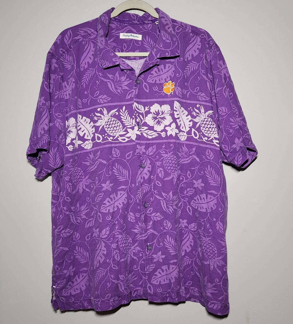 Tommy Bahama 100% Silk Shirt XL Purple Clemson Tigers Floral Hawaiian Leisure